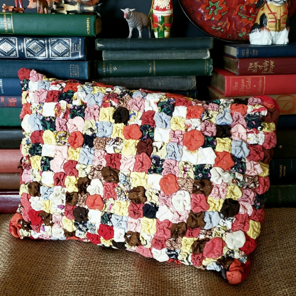 Midcentury Yoyo Throw Pillow, Colorful Folk Art Vintage 50s Handmade Red Back